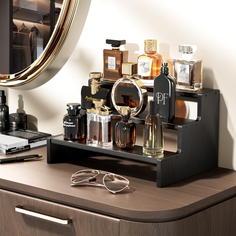 بروكاس منظم كولونيا خشبي للرجال من بروكيس، رافعات عرض منظم العطور من 3 طبقات، منظم حامل حامل كولونيا للرجال، رف رف كولونيا للعطور والشموع ومستحضرات التجميل على شكل كب كيك - أسود - Image 2